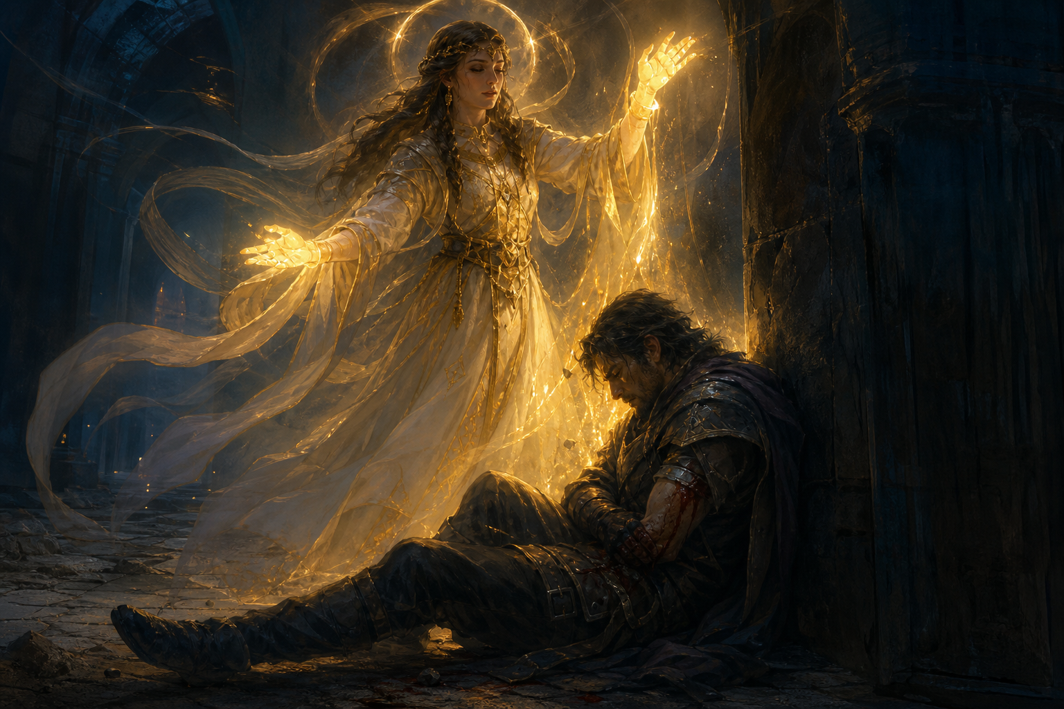 Holy Priest healer in soft dawn light overlooking a quiet battlefield